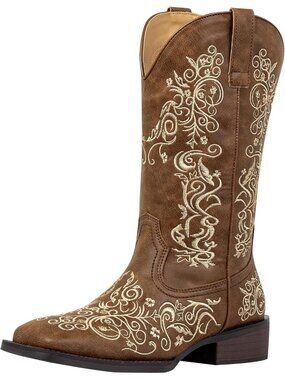 Women's Brown-Floral Faux Leather Cowgirl Rhinestone Square Toe Mid Calf Boots